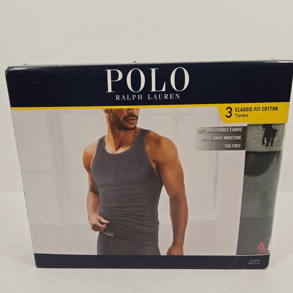 Polo Ralph Lauren 3-Pack Classic Fit Cotton Tank Tops Gray Black Mens Small